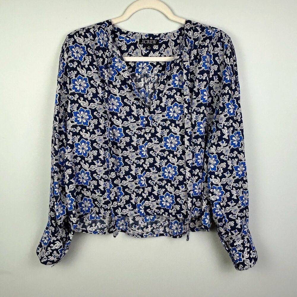 J.Crew V Neck Tie Top Floral Cotton Blend Dobby Blue Floral Long Puff Sleeve M - Picture 6 of 14
